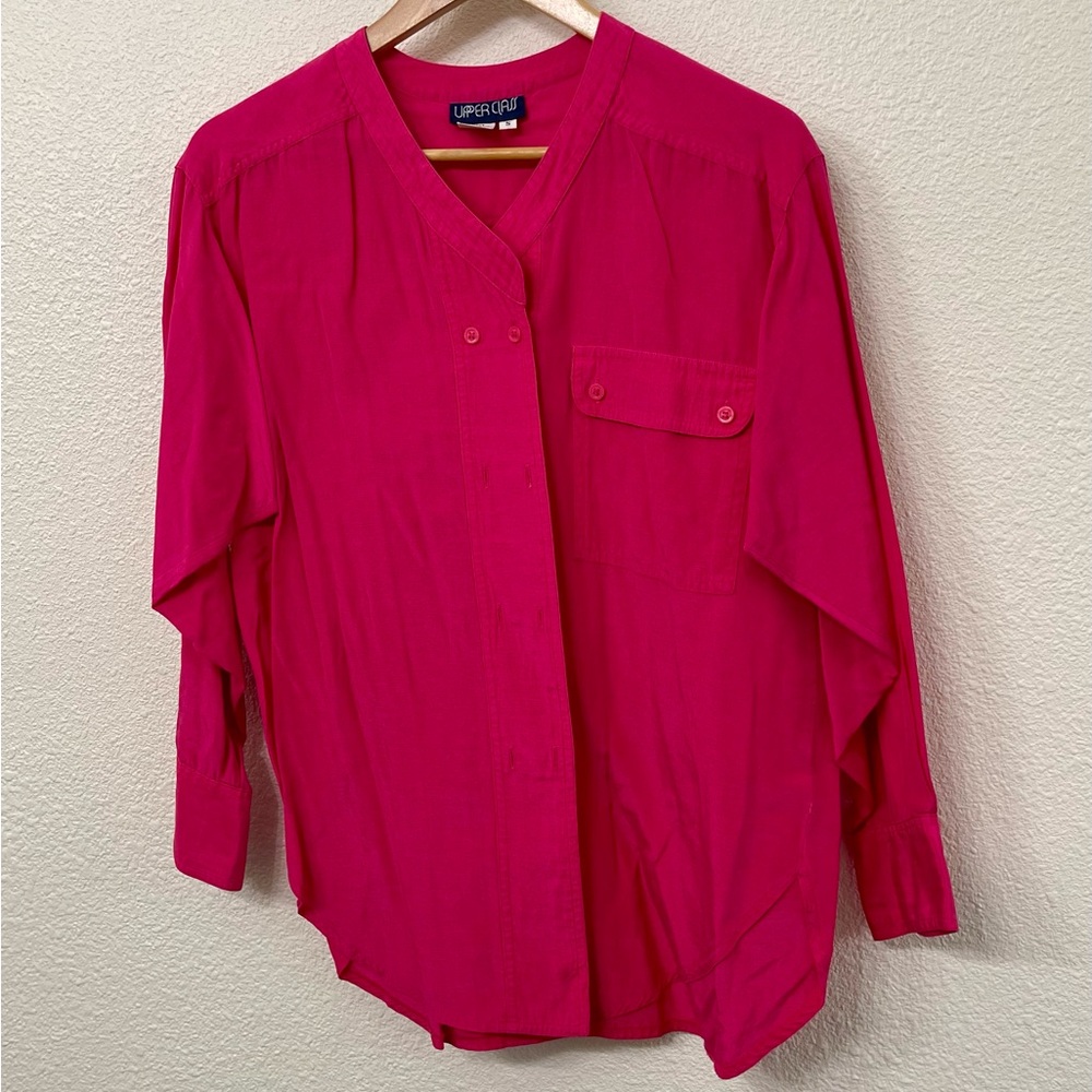 Vintage Upper Class Silk Fuchsia Pink Double Button-Up Shirt Size Small